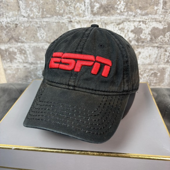 ESPN Hat Cap Strap Back Mens One Size Black Red Embroidered Dad Cap Baseball - Picture 1 of 9